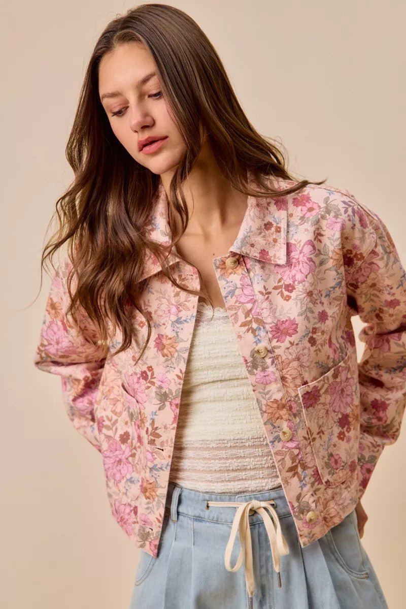 SO ME Floral Print Cotton Twill Button Down Barn Jacket - Rooted & Reckless Co.