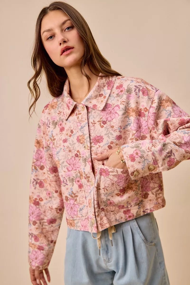 SO ME Floral Print Cotton Twill Button Down Barn Jacket - Rooted & Reckless Co.