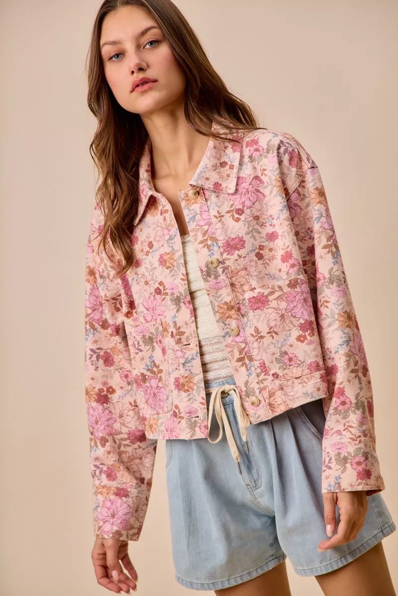 SO ME Floral Print Cotton Twill Button Down Barn Jacket - Rooted & Reckless Co.