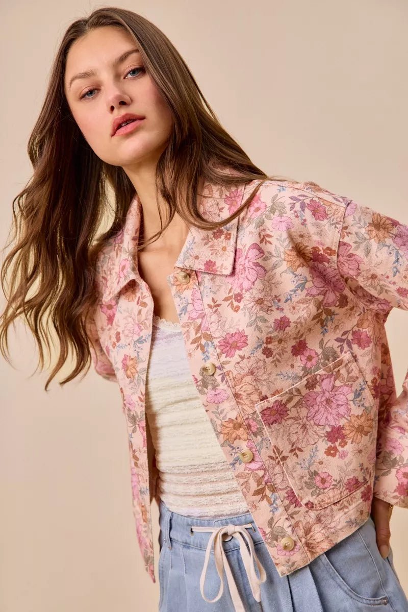SO ME Floral Print Cotton Twill Button Down Barn Jacket - Rooted & Reckless Co.