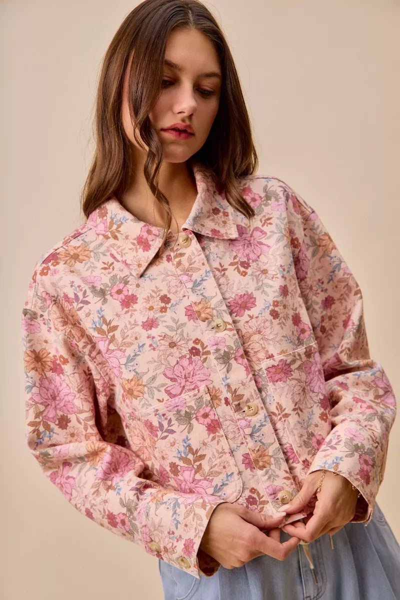 SO ME Floral Print Cotton Twill Button Down Barn Jacket - Rooted & Reckless Co.