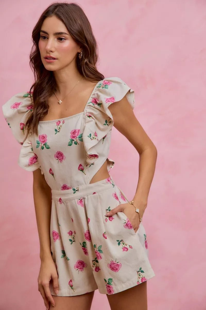 SO ME Floral Print Denim Cut Out Waist Ruffled Romper - Rooted & Reckless Co.