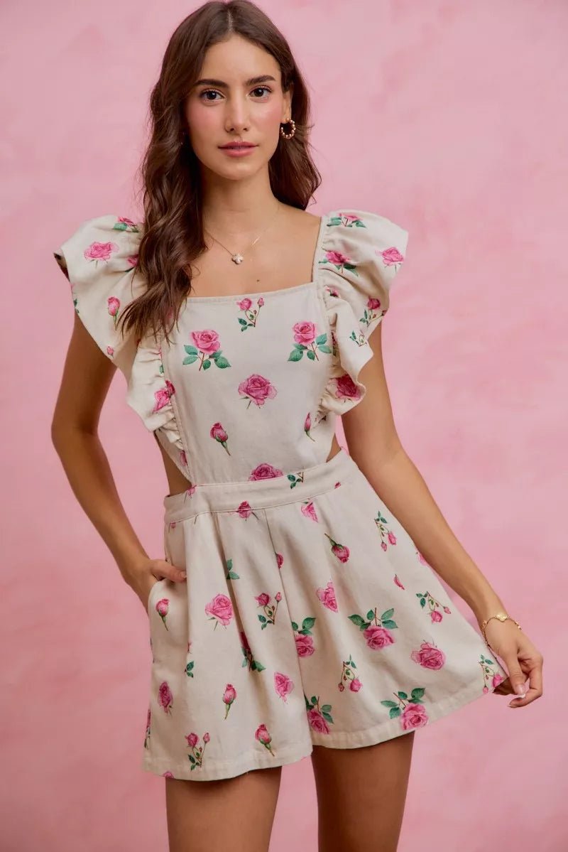 SO ME Floral Print Denim Cut Out Waist Ruffled Romper - Rooted & Reckless Co.