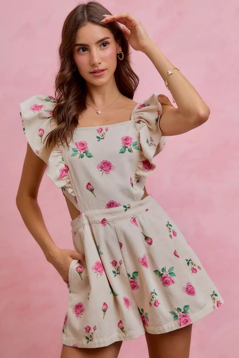 SO ME Floral Print Denim Cut Out Waist Ruffled Romper - Rooted & Reckless Co.