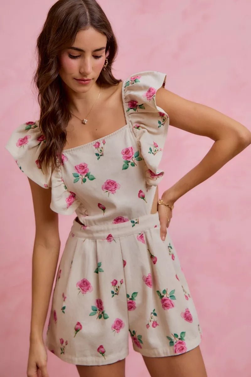 SO ME Floral Print Denim Cut Out Waist Ruffled Romper - Rooted & Reckless Co.