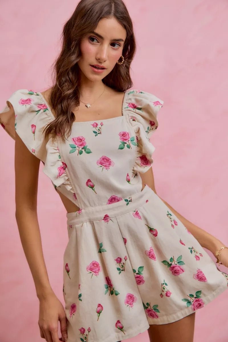 SO ME Floral Print Denim Cut Out Waist Ruffled Romper - Rooted & Reckless Co.