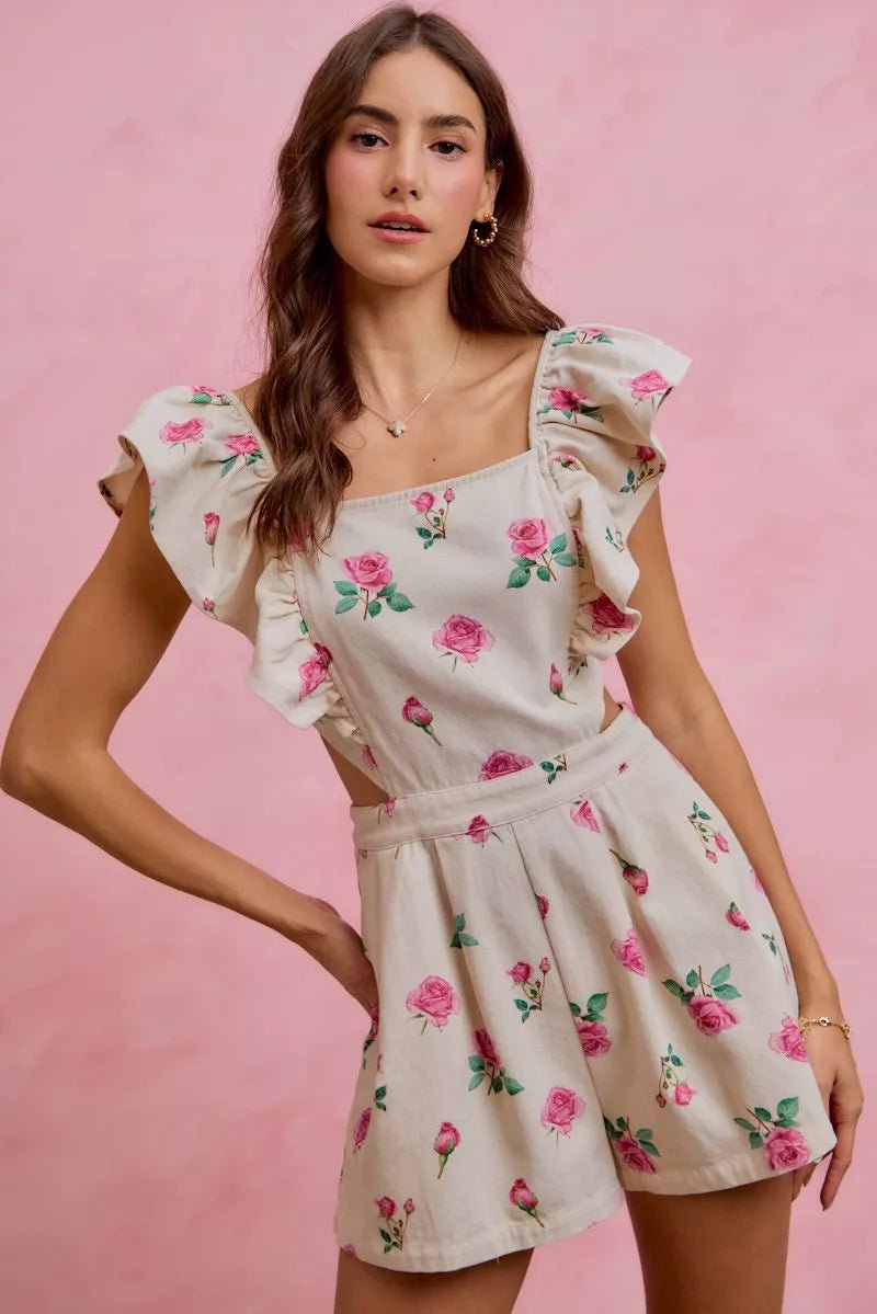 SO ME Floral Print Denim Cut Out Waist Ruffled Romper - Rooted & Reckless Co.