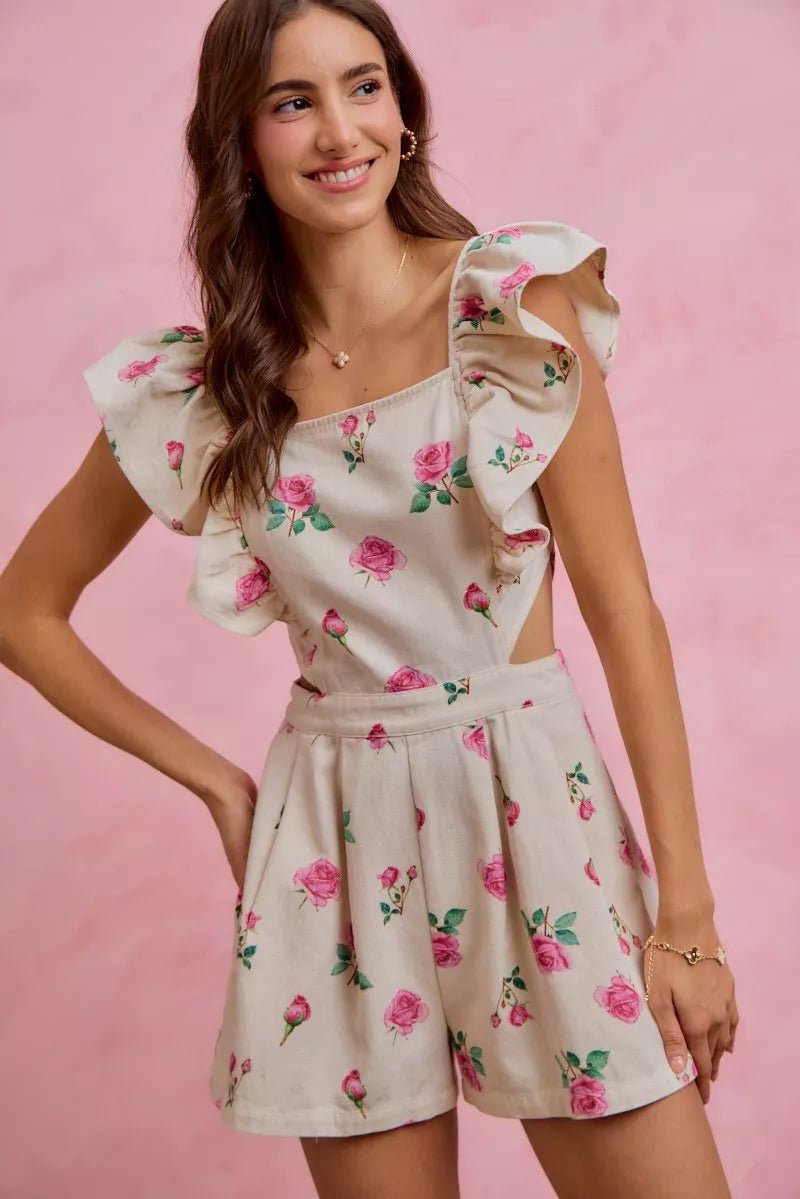 SO ME Floral Print Denim Cut Out Waist Ruffled Romper - Rooted & Reckless Co.