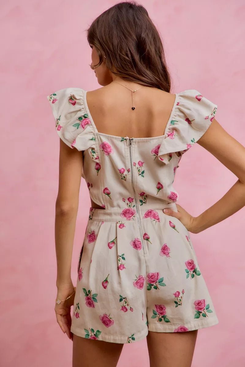 SO ME Floral Print Denim Cut Out Waist Ruffled Romper - Rooted & Reckless Co.