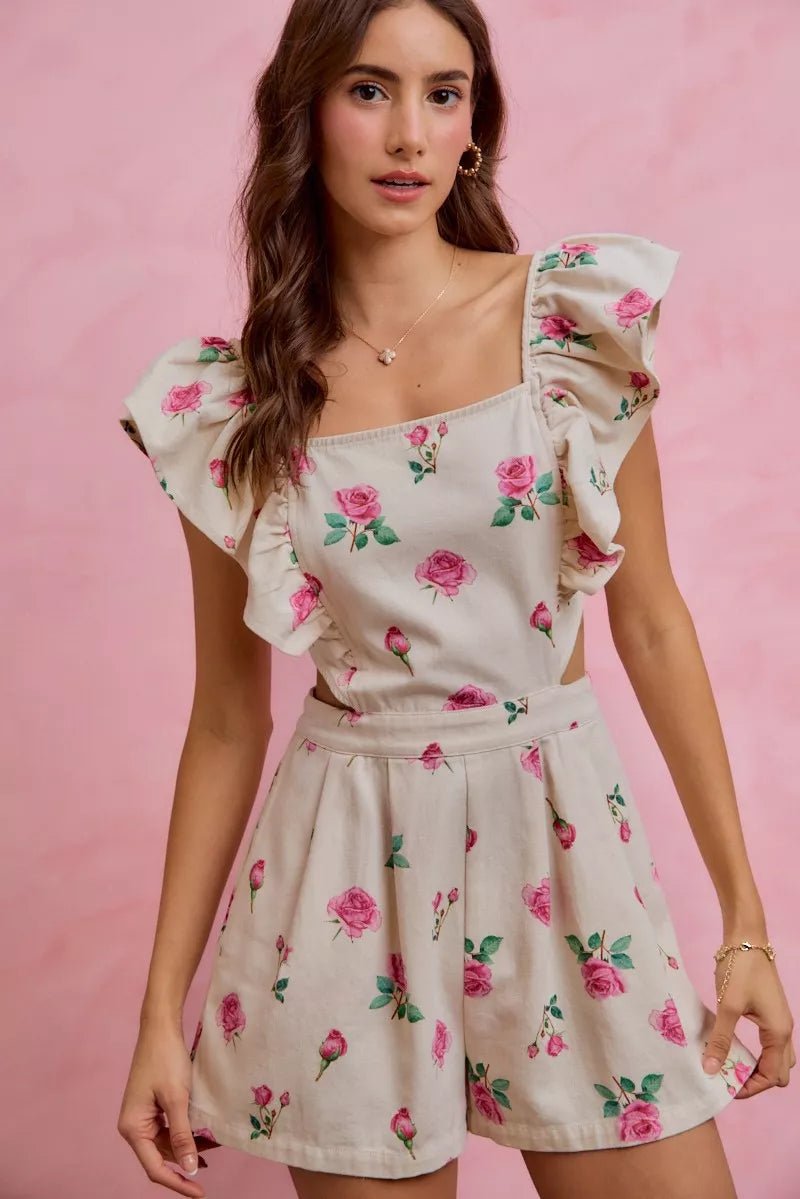 SO ME Floral Print Denim Cut Out Waist Ruffled Romper - Rooted & Reckless Co.