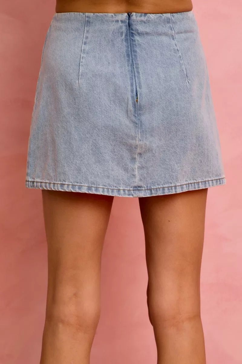 SO ME Lace Ribbon Trim Denim Mini Skirt - Rooted & Reckless Co.