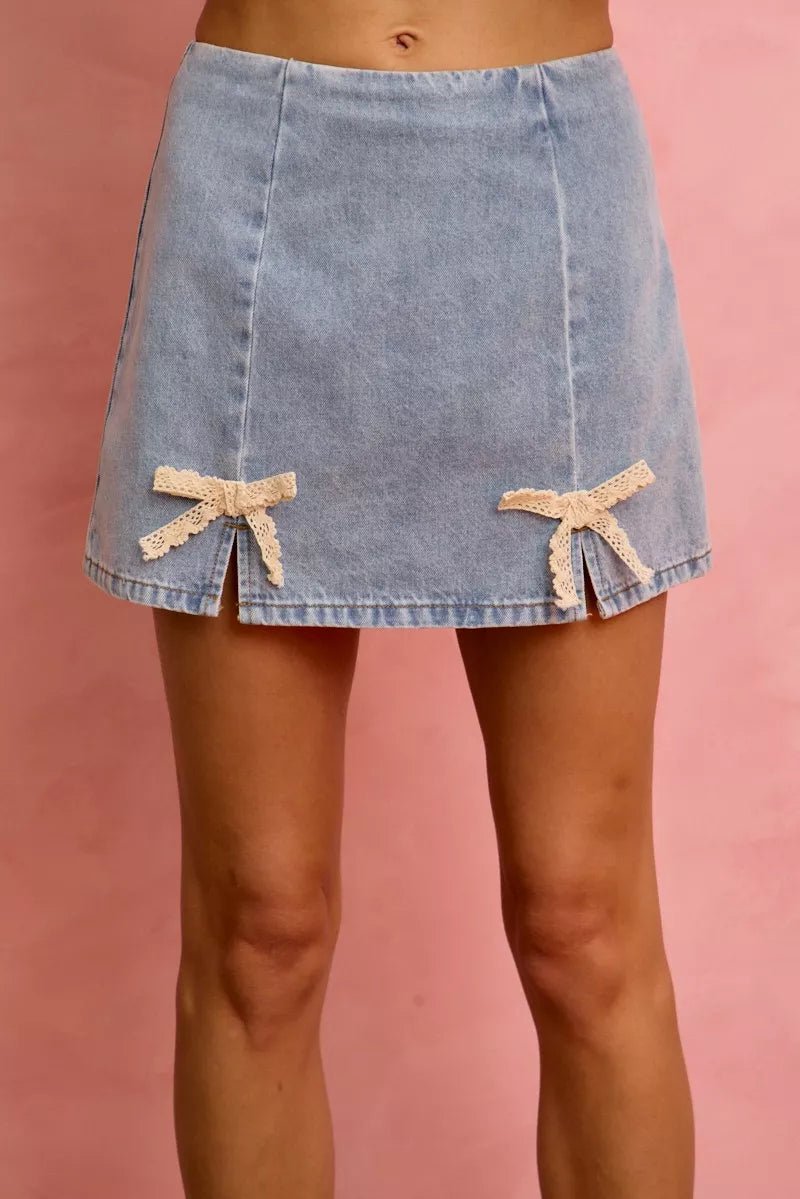 SO ME Lace Ribbon Trim Denim Mini Skirt - Rooted & Reckless Co.