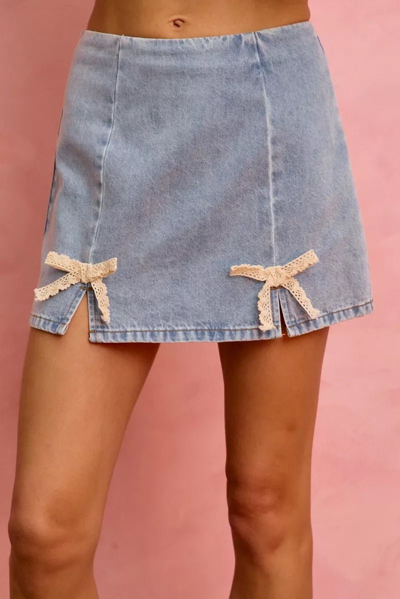 SO ME Lace Ribbon Trim Denim Mini Skirt - Rooted & Reckless Co.