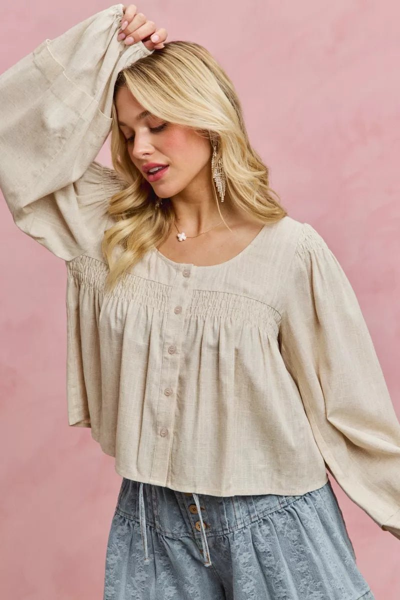 SO ME Linen Blend Woven Long Sleeve With Smocking Top - Rooted & Reckless Co.