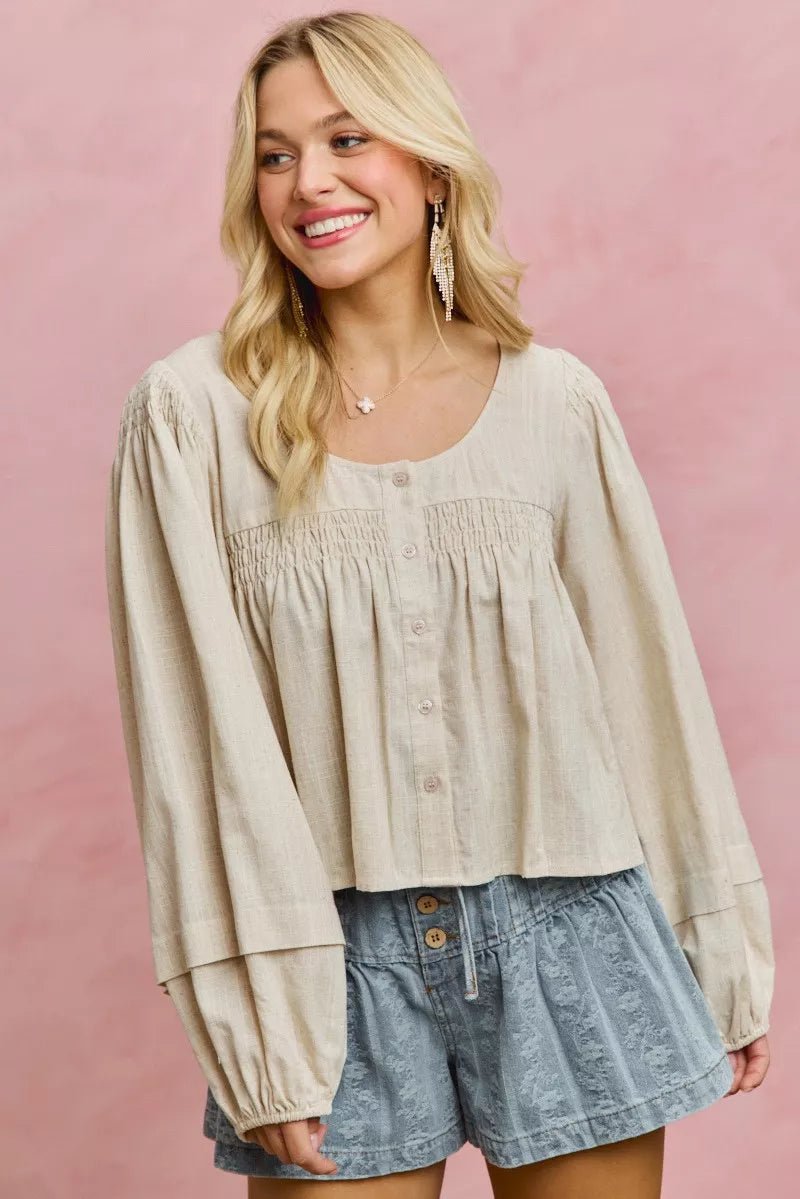 SO ME Linen Blend Woven Long Sleeve With Smocking Top - Rooted & Reckless Co.