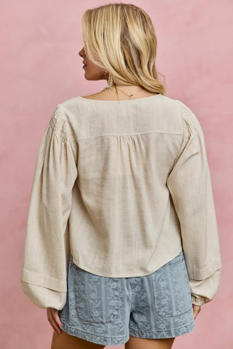 SO ME Linen Blend Woven Long Sleeve With Smocking Top - Rooted & Reckless Co.