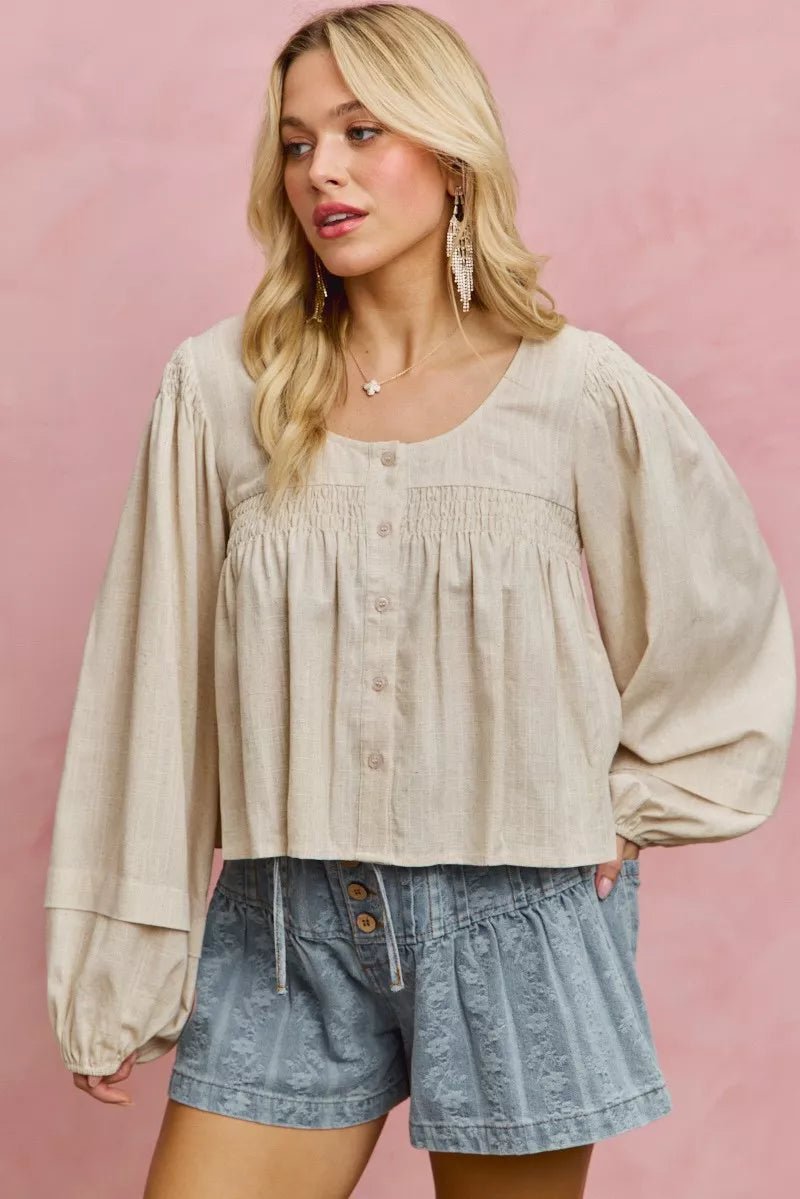 SO ME Linen Blend Woven Long Sleeve With Smocking Top - Rooted & Reckless Co.