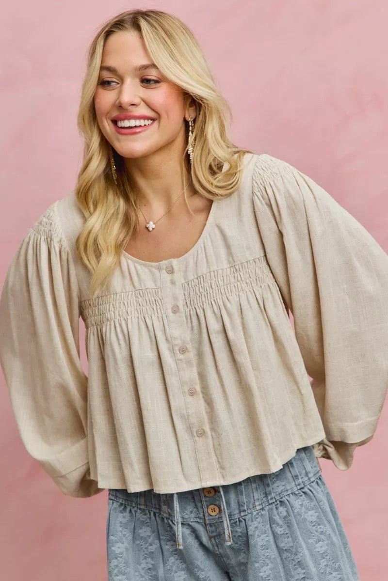 SO ME Linen Blend Woven Long Sleeve With Smocking Top - Rooted & Reckless Co.