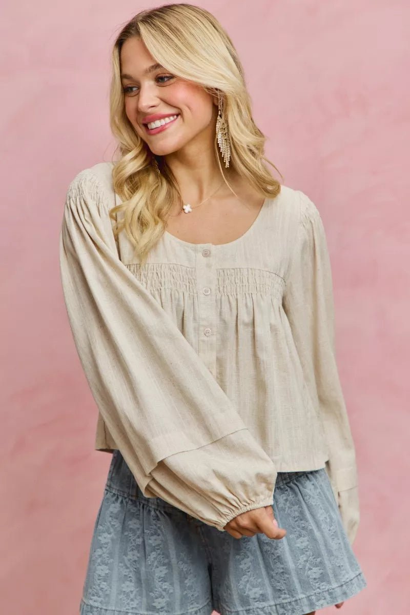 SO ME Linen Blend Woven Long Sleeve With Smocking Top - Rooted & Reckless Co.