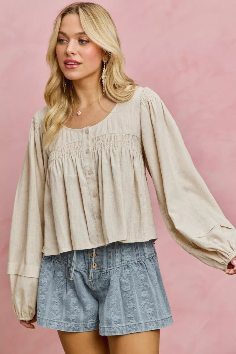 SO ME Linen Blend Woven Long Sleeve With Smocking Top - Rooted & Reckless Co.