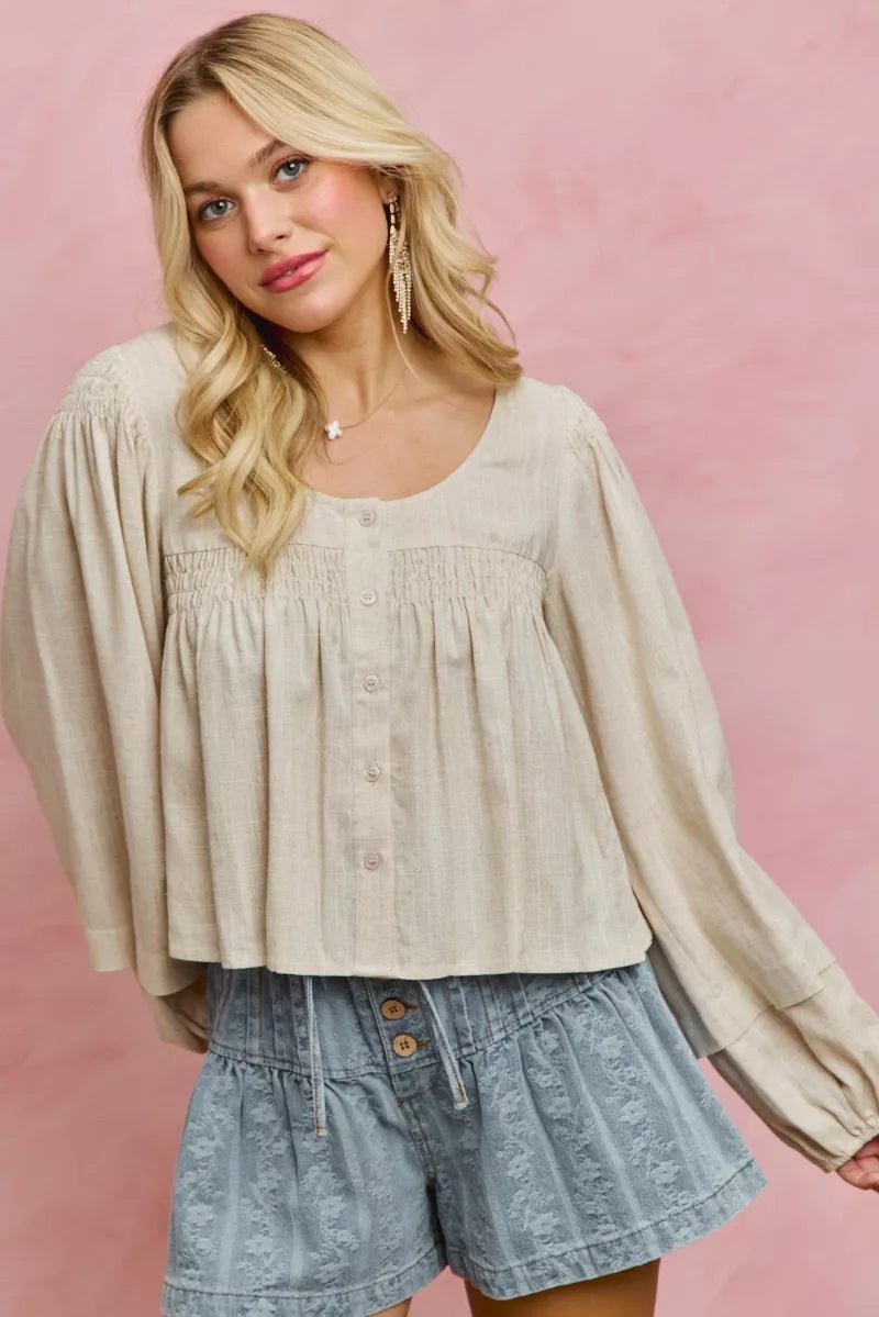 SO ME Linen Blend Woven Long Sleeve With Smocking Top - Rooted & Reckless Co.
