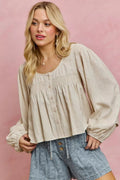 SO ME Linen Blend Woven Long Sleeve With Smocking Top - Rooted & Reckless Co.