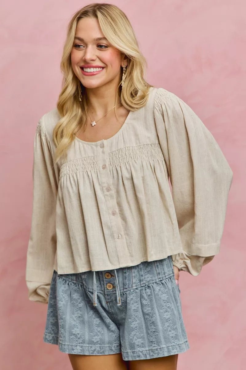 SO ME Linen Blend Woven Long Sleeve With Smocking Top - Rooted & Reckless Co.