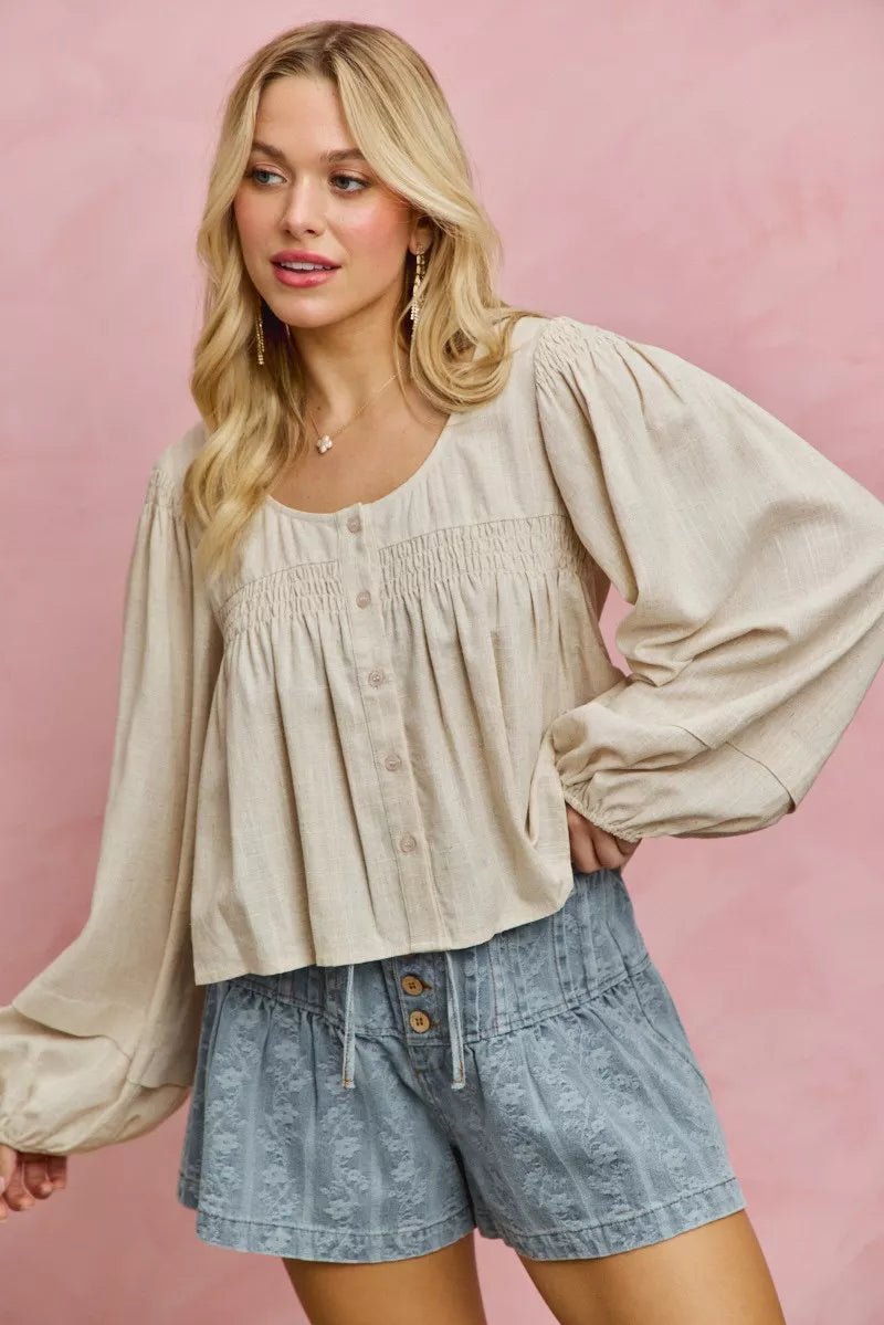 SO ME Linen Blend Woven Long Sleeve With Smocking Top - Rooted & Reckless Co.