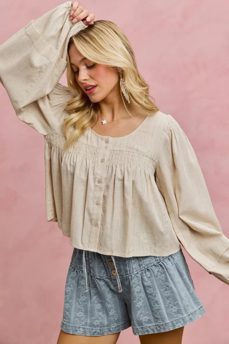 SO ME Linen Blend Woven Long Sleeve With Smocking Top - Rooted & Reckless Co.
