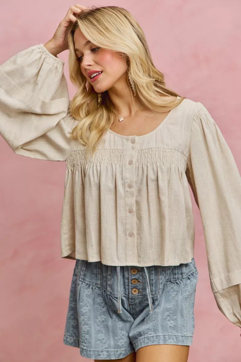 SO ME Linen Blend Woven Long Sleeve With Smocking Top - Rooted & Reckless Co.