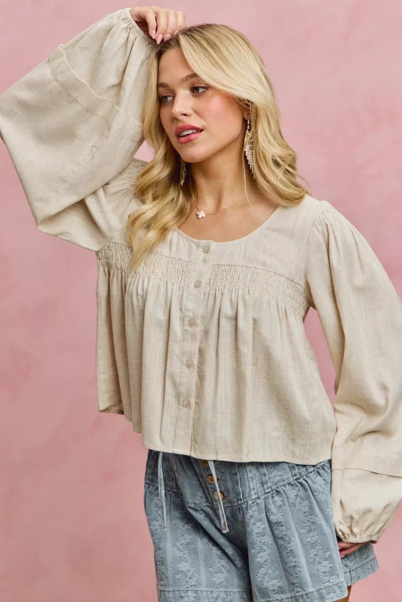 SO ME Linen Blend Woven Long Sleeve With Smocking Top - Rooted & Reckless Co.