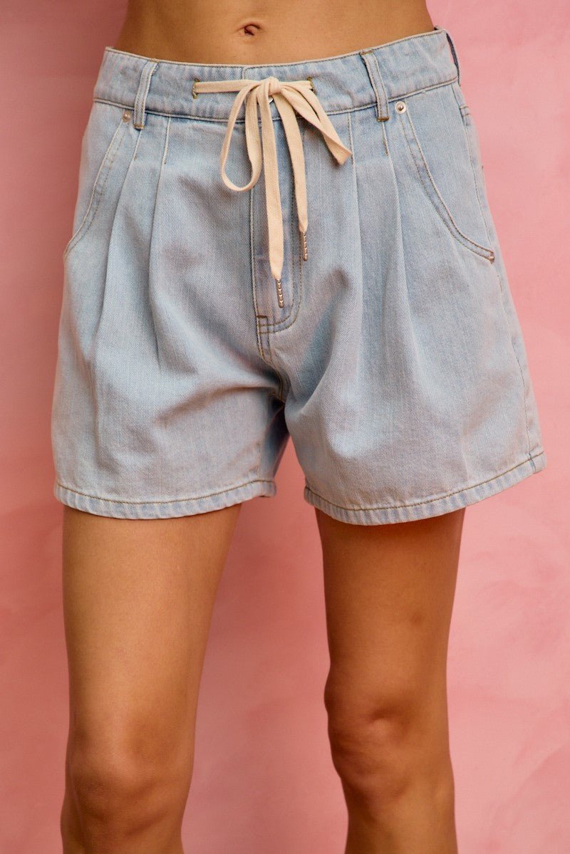 SO ME Mid Rise Denim Shorts With Cotton Tape Drawstring - Rooted & Reckless Co.