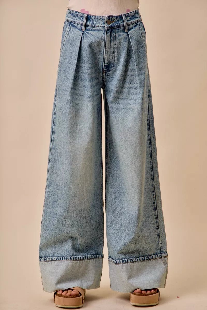 SO ME Mid Rise Plated Wid Leg Denim Jean - Rooted & Reckless Co.