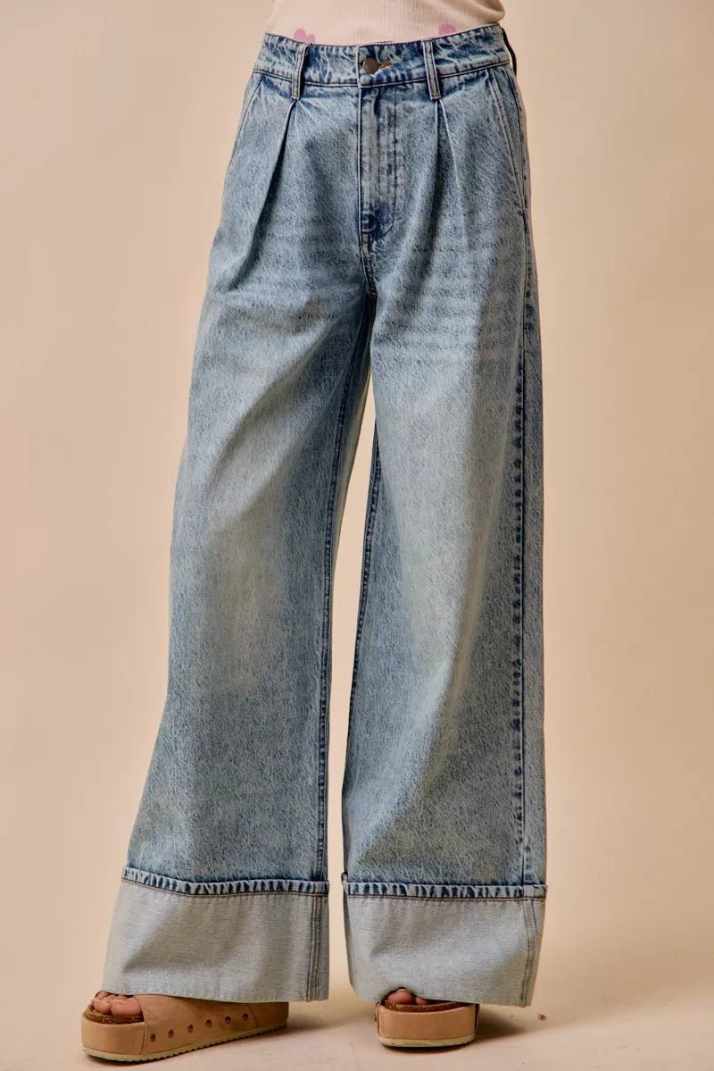 SO ME Mid Rise Plated Wid Leg Denim Jean - Rooted & Reckless Co.