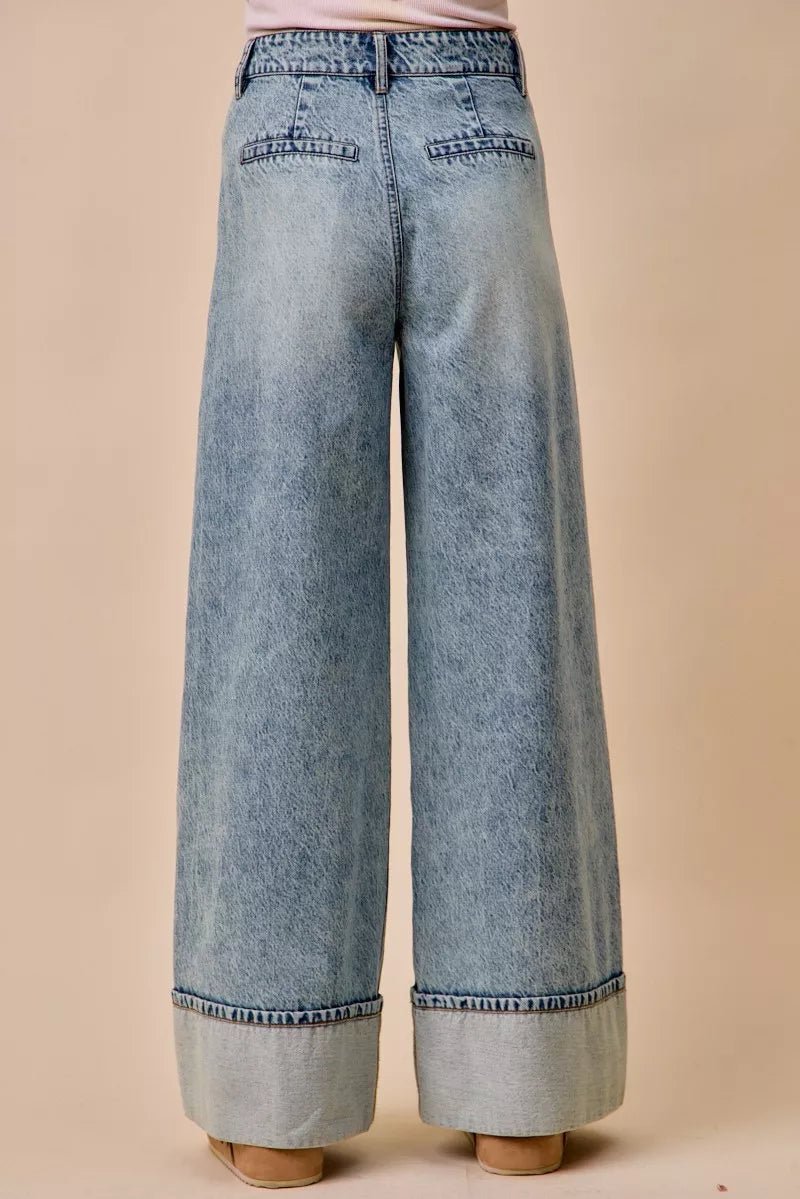 SO ME Mid Rise Plated Wid Leg Denim Jean - Rooted & Reckless Co.