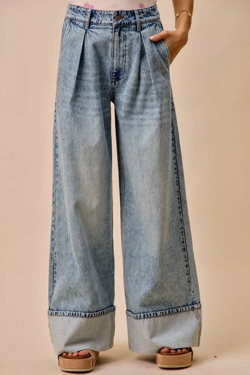 SO ME Mid Rise Plated Wid Leg Denim Jean - Rooted & Reckless Co.