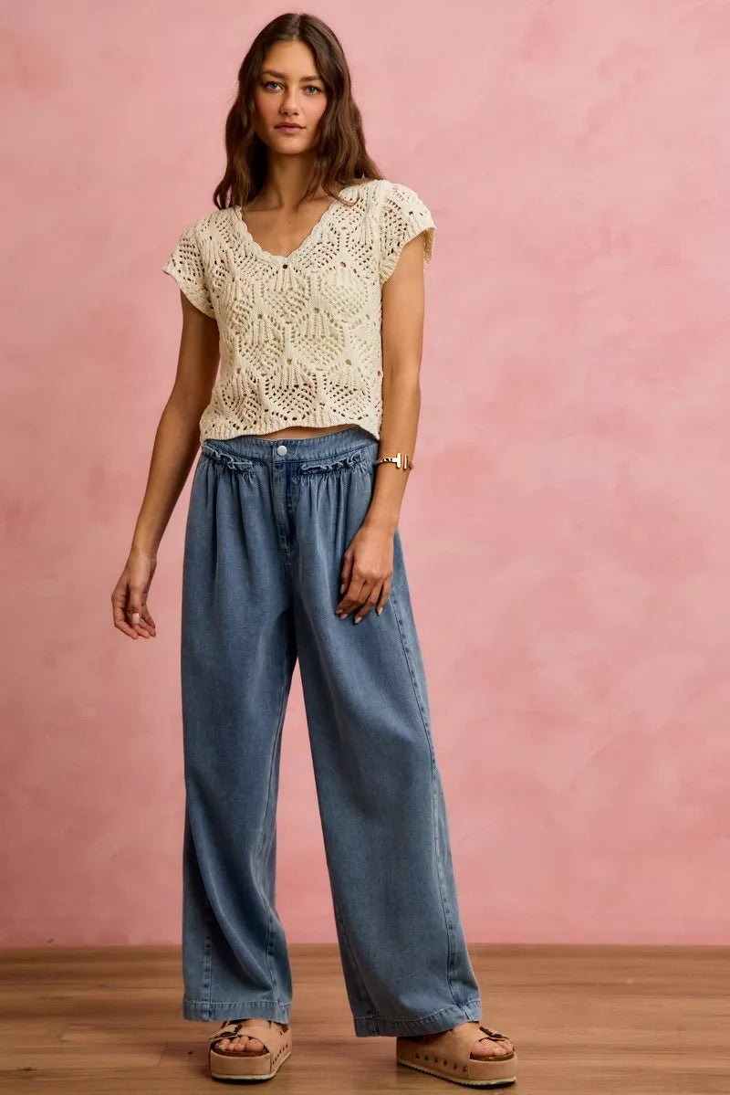SO ME Mid Rise Ruffled Front Elastic Wide Leg Jeans - Rooted & Reckless Co.