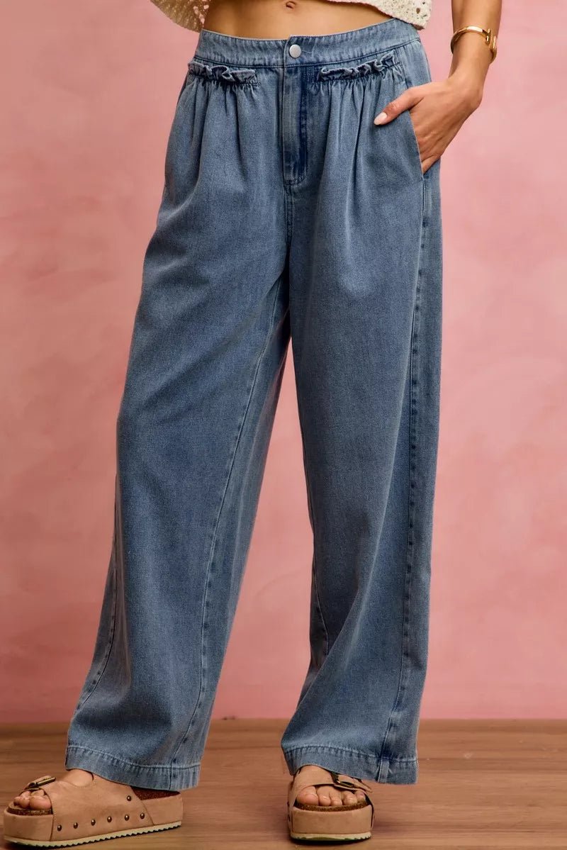 SO ME Mid Rise Ruffled Front Elastic Wide Leg Jeans - Rooted & Reckless Co.
