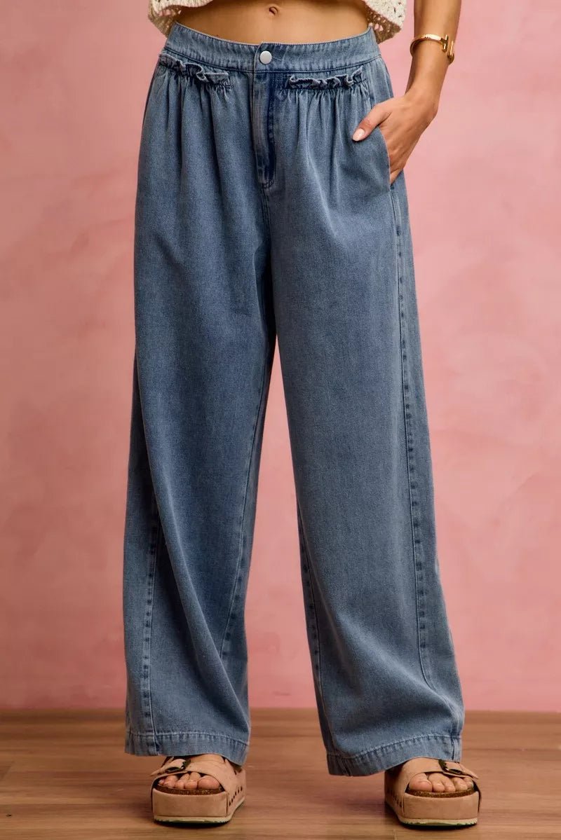 SO ME Mid Rise Ruffled Front Elastic Wide Leg Jeans - Rooted & Reckless Co.