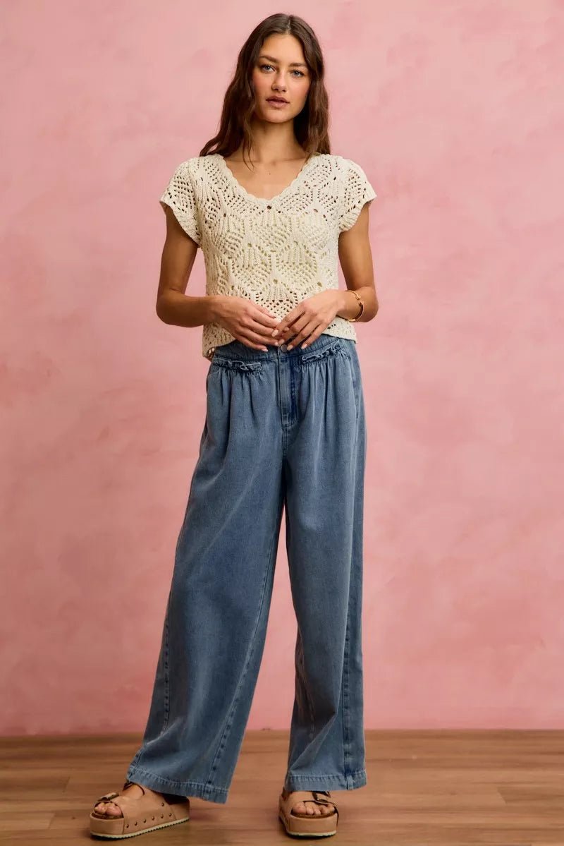 SO ME Mid Rise Ruffled Front Elastic Wide Leg Jeans - Rooted & Reckless Co.
