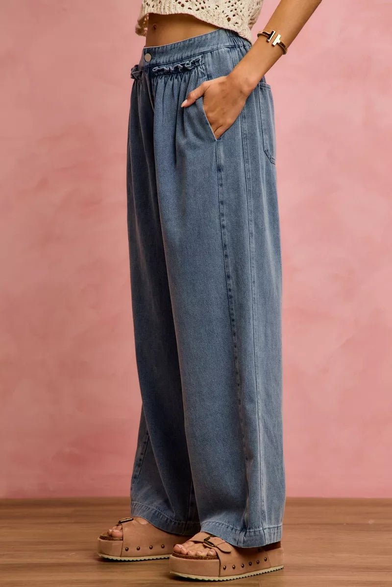 SO ME Mid Rise Ruffled Front Elastic Wide Leg Jeans - Rooted & Reckless Co.