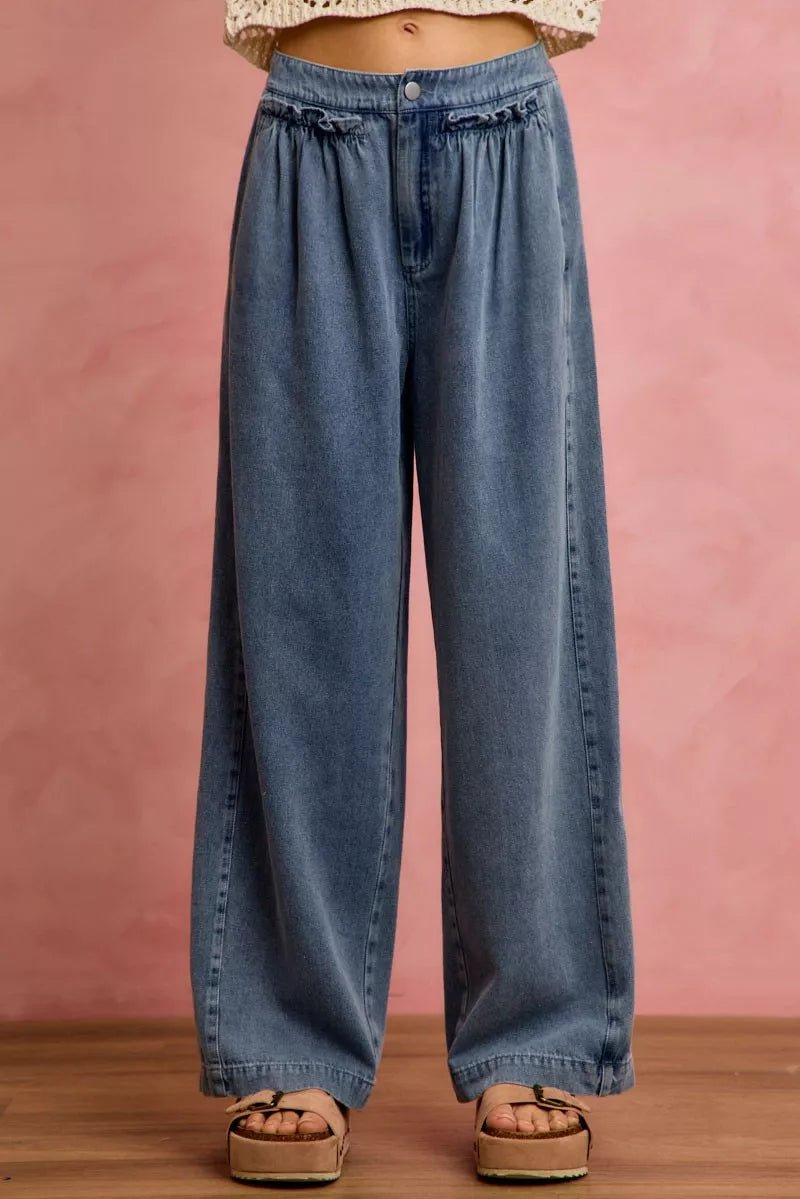 SO ME Mid Rise Ruffled Front Elastic Wide Leg Jeans - Rooted & Reckless Co.