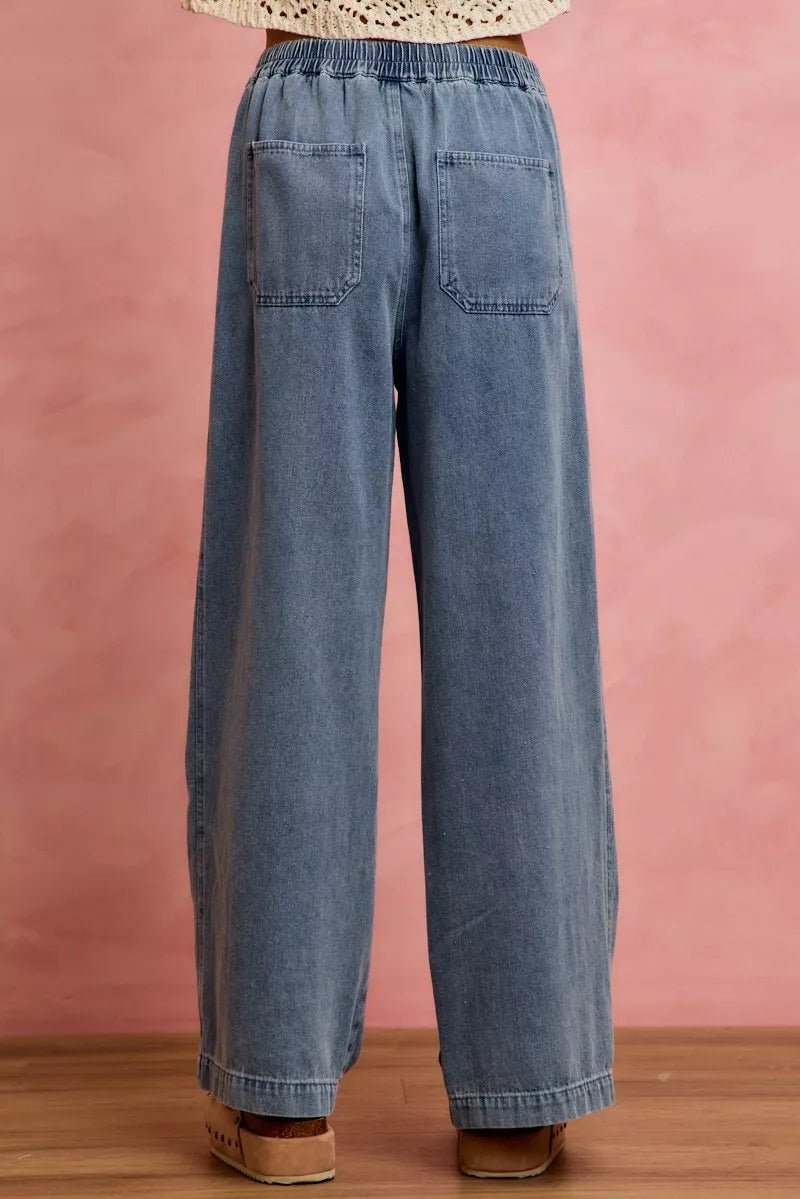 SO ME Mid Rise Ruffled Front Elastic Wide Leg Jeans - Rooted & Reckless Co.