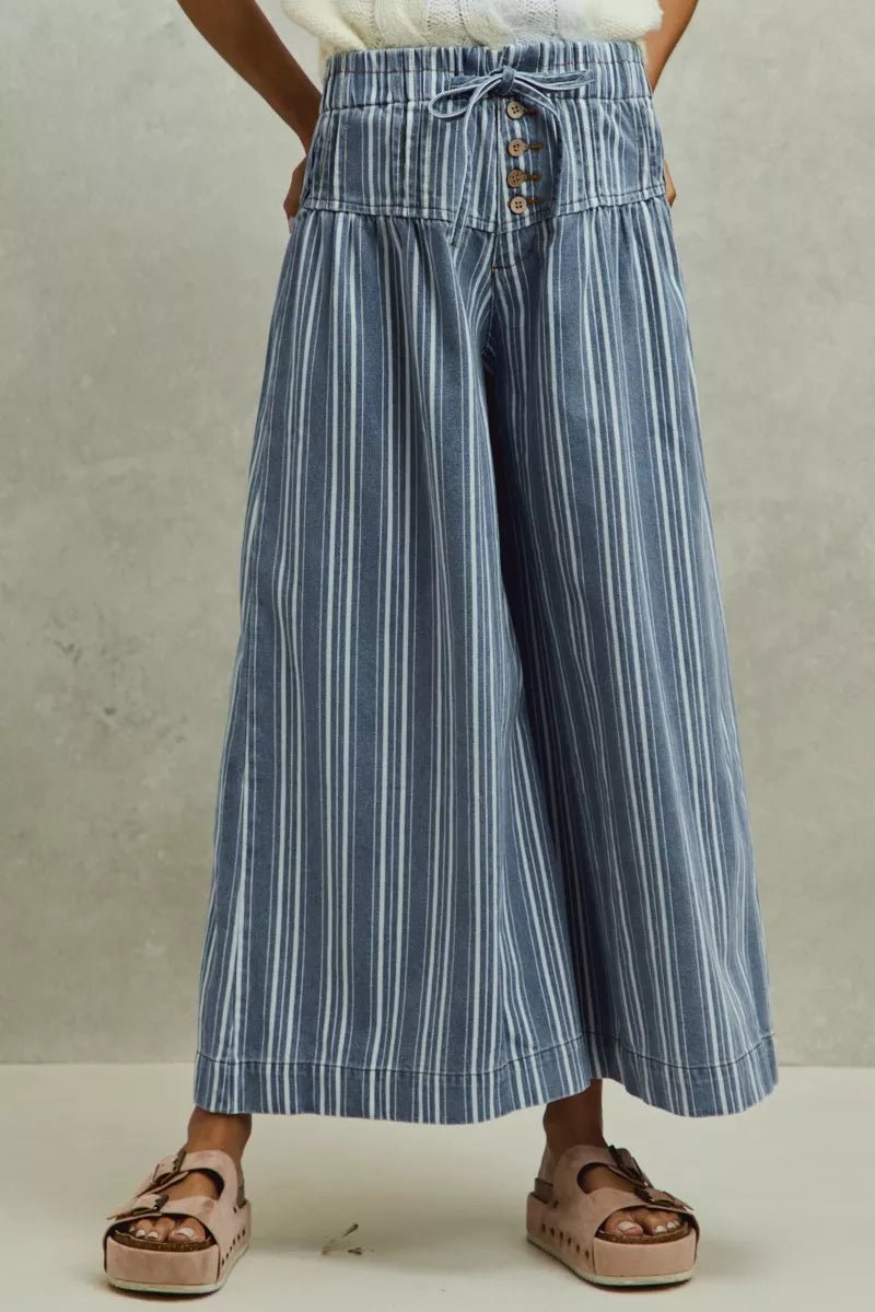 SO ME Mid Rise Stripe Denim Washed Pleat Wide Leg Pants - Rooted & Reckless Co.