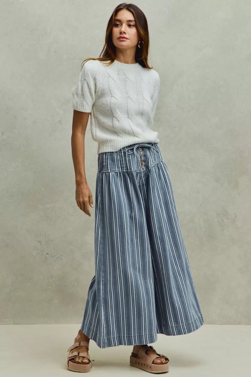 SO ME Mid Rise Stripe Denim Washed Pleat Wide Leg Pants - Rooted & Reckless Co.