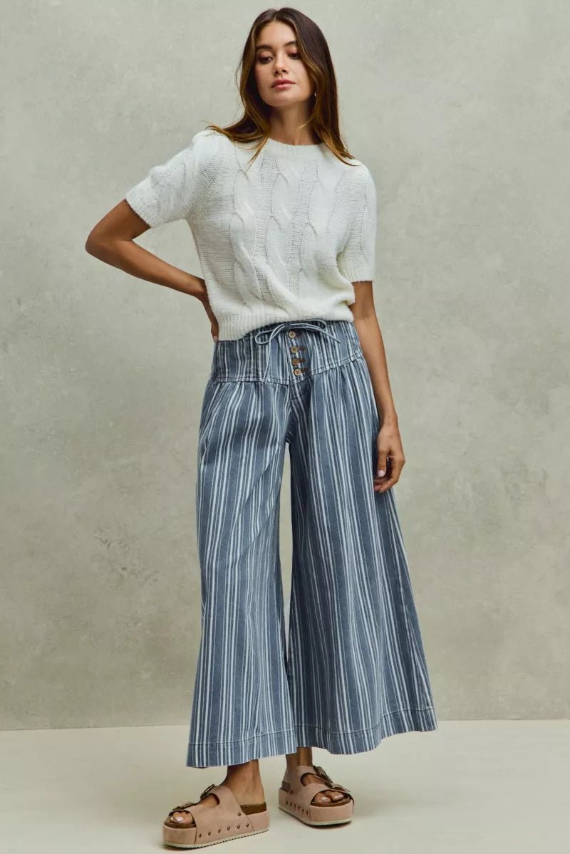 SO ME Mid Rise Stripe Denim Washed Pleat Wide Leg Pants - Rooted & Reckless Co.