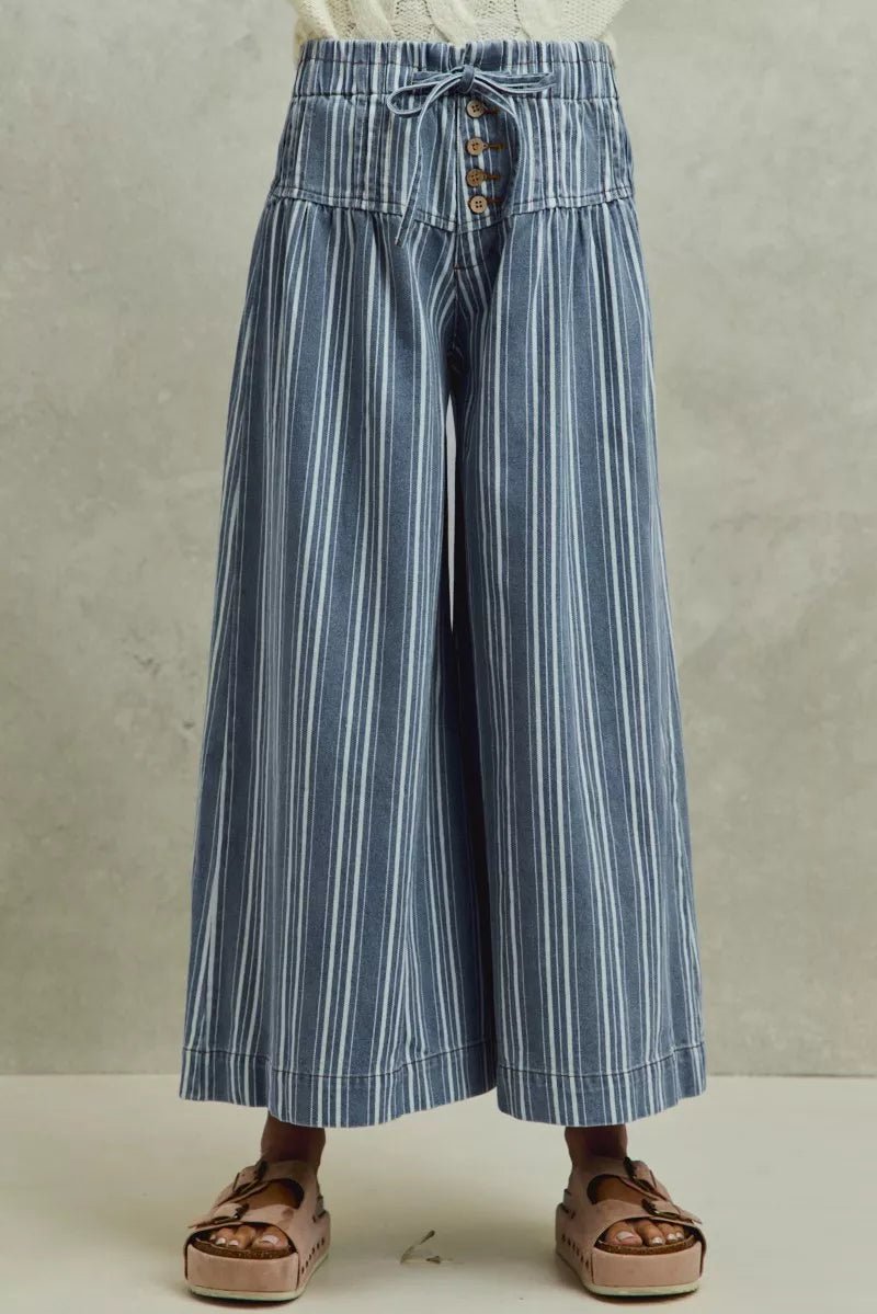 SO ME Mid Rise Stripe Denim Washed Pleat Wide Leg Pants - Rooted & Reckless Co.