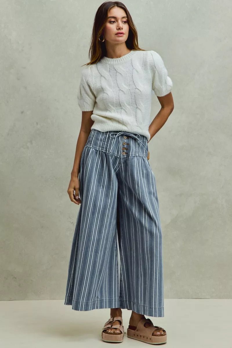 SO ME Mid Rise Stripe Denim Washed Pleat Wide Leg Pants - Rooted & Reckless Co.