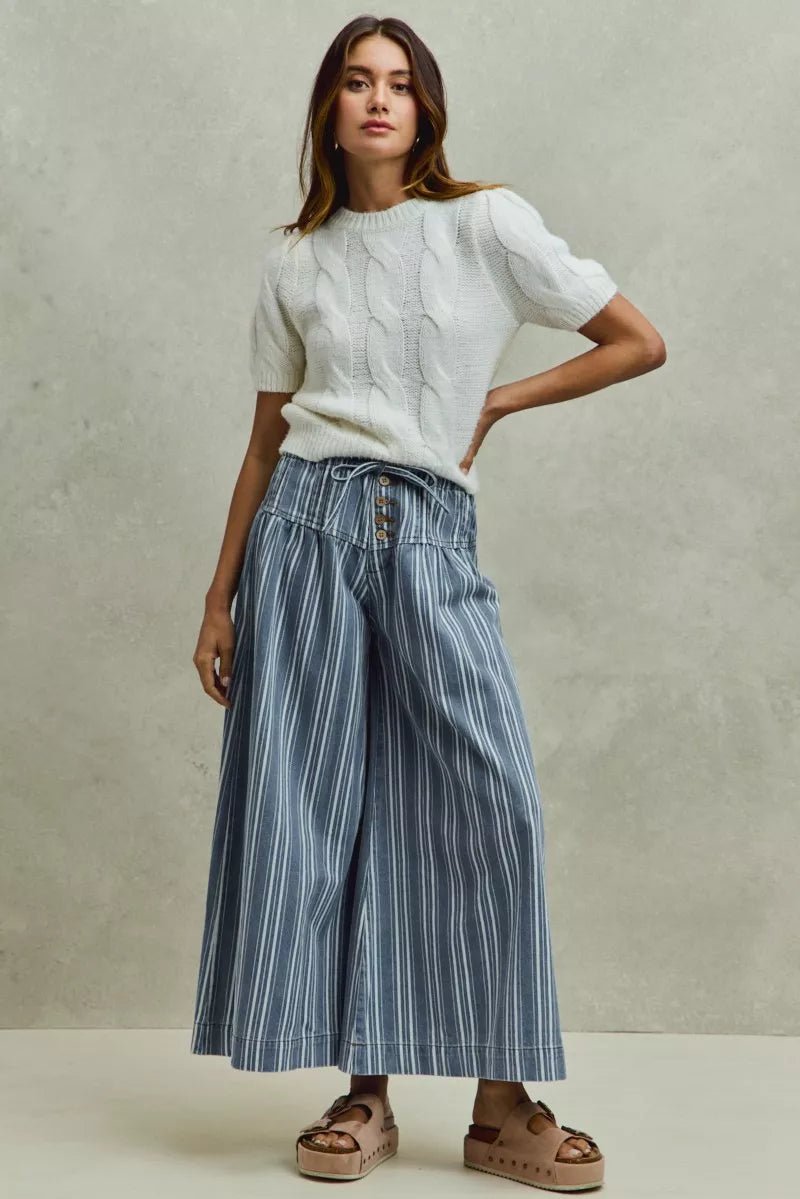 SO ME Mid Rise Stripe Denim Washed Pleat Wide Leg Pants - Rooted & Reckless Co.