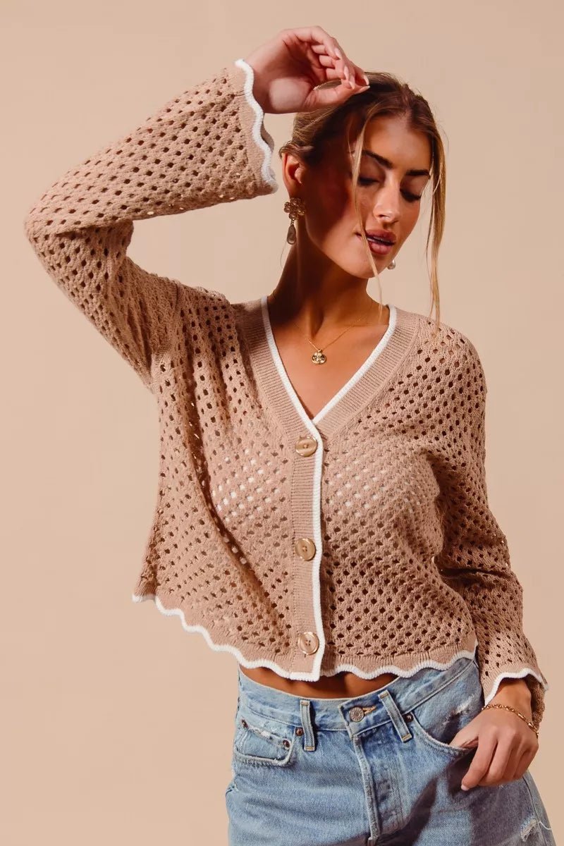 SO ME Open Knit Light Weight Sweater Cardigan With Contrast Wavy Scallop Edge - Rooted & Reckless Co.